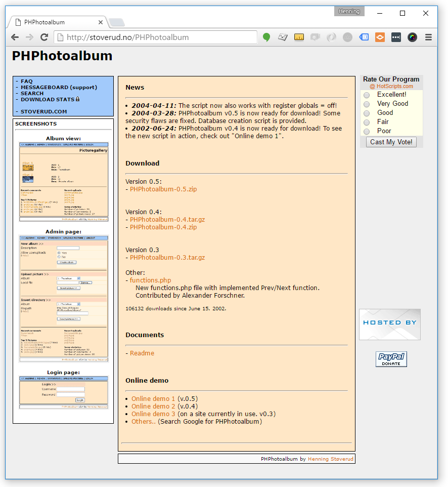 Screenshot of the old PHPhotoalbum website.